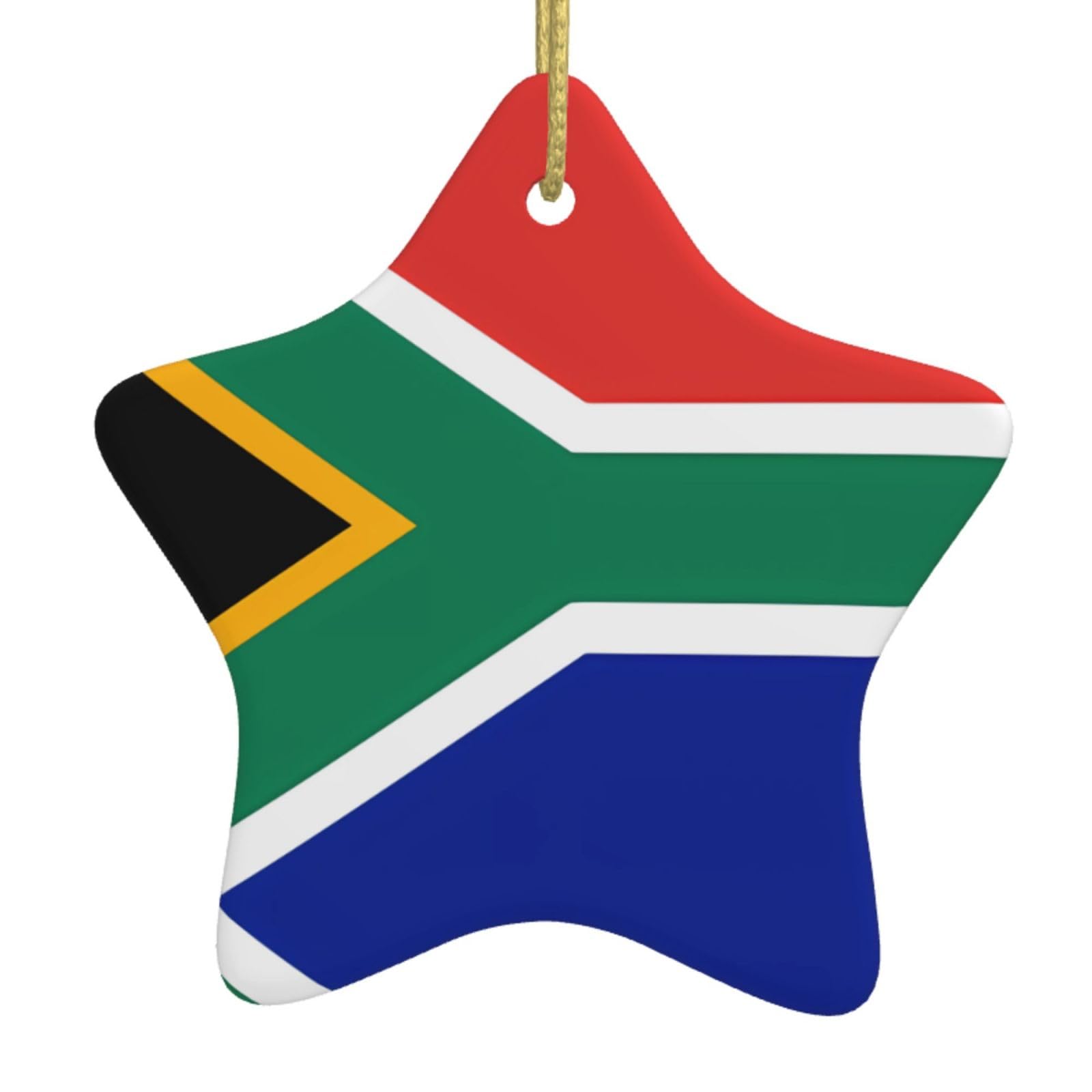 South Africa Flag Christmas Ceramic Star Pendant with Punched Holes and Gold Wire Rope, Christmas Tree Home Decoration
