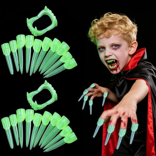 Vampirzähne für Halloween, 22-teiliges Set, 2 Halloween-Vampirzähne, 20 leuchtende Zombie-Finger für Halloween-Kostüm, dekorative Requisiten für Cosplay-Party Vampirzähne für Halloween, 22-teiliges Set, 2 Halloween-Vampirzähne, 20 leuchtende Zombie-Finger für Halloween-Kostüm, dekorative Requisiten für Cosplay-Party
