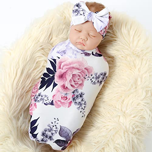 Image of Galabloomer Newborn Receiving Blanket Headband Set Baby Flower Swaddle