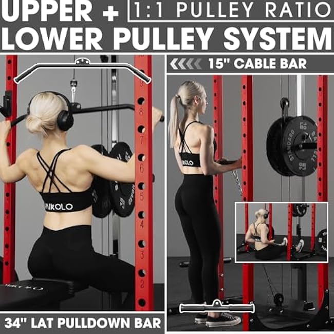 Mikolo Power Cage, Power Rack with LAT Pulldown, 1200 Pounds Capacity Workout Cage with More Training Attachments, Squat Rack for Home Gym, F4 Versions