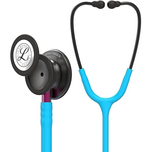 3M Littmann Classic III Monitoring Stethoscope, 5872, More Than 2X as Loud, Weighs Less, Stainless Steel Smoke-Finish Chestpiece, 27" Turquoise Tube, Pink Stem, and Smoke Headset