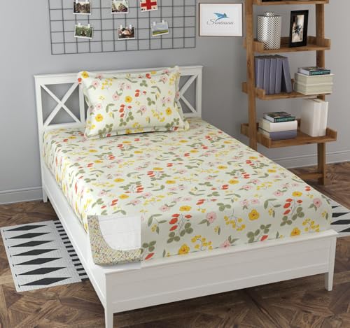 Image of 240 TC Glace-Cotton All Around Elastic Fitted Bedsheet, Elastic Fitted Bedsheet Single Size Bedsheet for Single Bed with 1 Pillow Cover, Size - 72 x 36 x 8 Inch Color