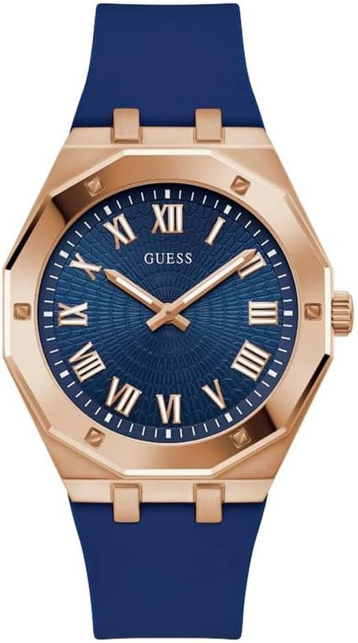 GUESS Men's 42mm Watch - Blue Strap Blue Dial Rose Gold Tone Case, Blue, Classic