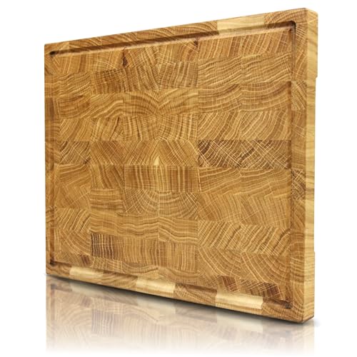 holz4home® Schneidebrett M aus Eichenholz I Stirnholz Würfelmuster Echtholz Brett I Hackbrett Steakbrett 35x25x2,5 cm I Küchenbrett mit Saftrille Holzbrett für Gemüse Fleisch