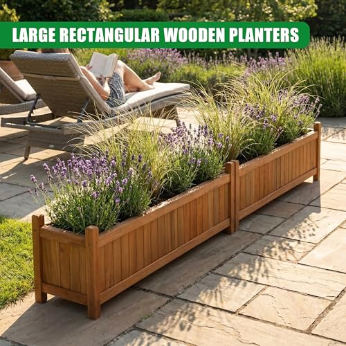 GEEZY 2x Wooden Rectangular Garden Planters & Flower Pots - Classic Large Raised Bed Baskets - Easy Assembly & Durable Wood Construction - Perfect for Patio, Balcony, or Backyard Gardening