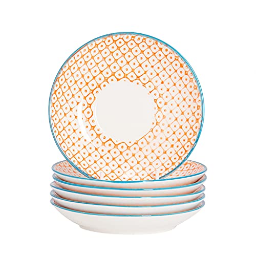 Nicola Spring Hand-Printed Cappuccino Saucers - 14.5cm - Orange - Pack of 6 - Porcelain Tea Dish Espresso Coffee Cup Plate