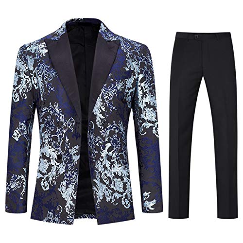 Boyland Men's Tuxedo Suit Set Floral Jacquard Peak Lapel Double Breasted Elegant Tux 2 Pieces Suit Jacket Pants Party Dinner Blue