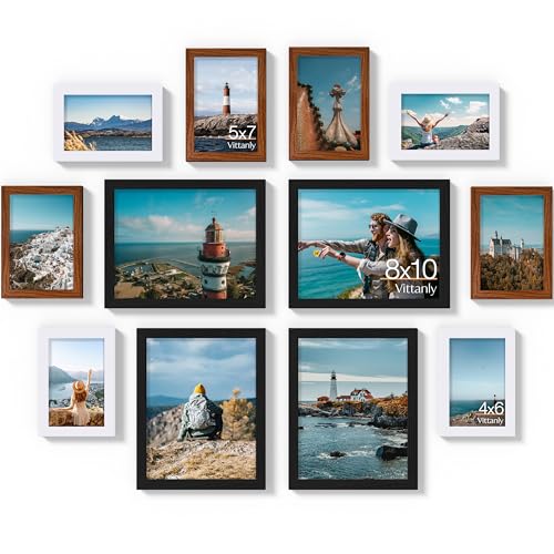 Image of Vittanly 12 Pack Picture Frames Collage Wall Decor for Mounting or Tabletop, Gallery Wall Frame Set for Family, Multi Sizes Including 4pcs 8x10, 4pcs 5x7, 4pcs 4x6, Black & Walnut Brown & White