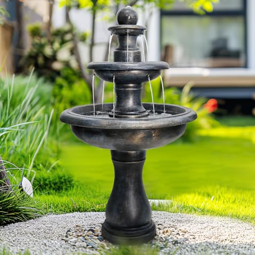 Image of SunJet 45.2 inch High 3-Tiers Modern Concrete Outdoor Water Fountain - Round Large Outdoor Fountains and Waterfalls for Garden, Patio, Yard, and Deck Decor, Featuring Natural Stone Look (Black, 45.2inch)