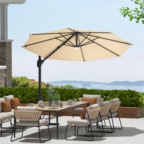 Garvee Cantilever Patio Umbrella 10ft Large Round Umbrella Outdoor Market Umbrellas 360°Rotation Offset Hanging Outdoor Shade for Patio Beige
