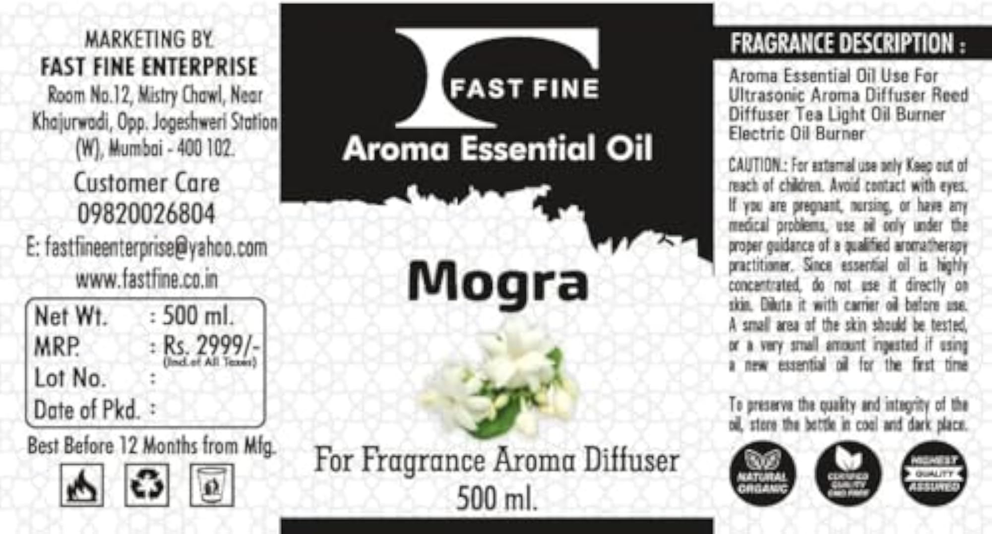Fast Fine Mogra Essential Aroma Diffuser, 500ml