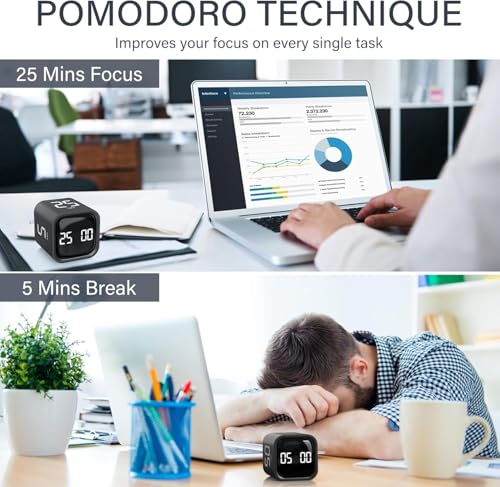 Image of Cube Pomodoro Timer, Desk Productivity 5 /10 /30 /60 Minutes & Custom Countdown, Adjustable & Silent Visual Timer, ADHD Tool Flip Rotating Portable Multi Timers for Study Task Work Kitchen School