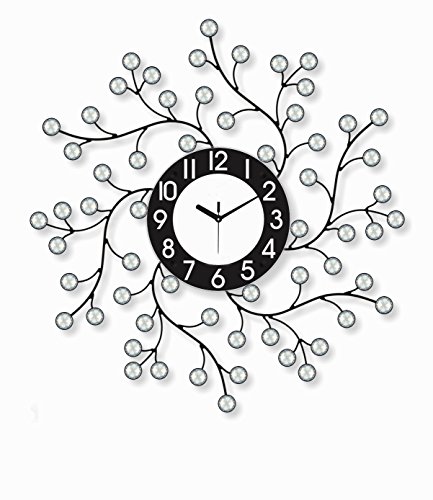 Image of CHRONIKLE Beautiful Round Diamond Studded Analog Floral Design Home /Office Decor Metal Crystal Wall Clock with Sweep Movement (Size: 60 x 5 x 60CM | Color: Black & Silver | Weight: 1030grm)