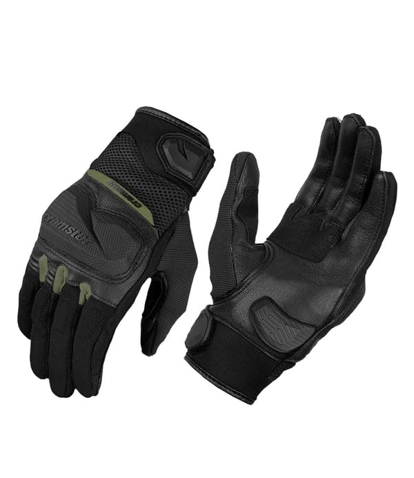 Image of Cramster Breezer SP Gloves - Motorcycle Riding Leather Gloves | Impact Protection | Abrasion Resistance | Carpus Bone Protector - Black Olive Green, 2XL
