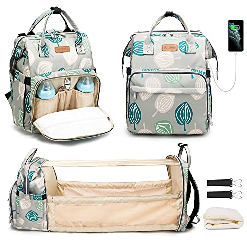 Image of Diaper Bag with Changing Station, Baby Bag Backpack, Baby Diaper Bag, Portable Diaper Backpack with USB Charging Port, Waterproof, Green Leaf