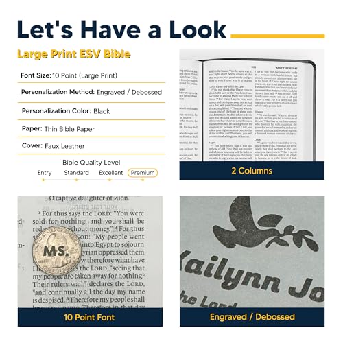 Image of Personalized ESV Thinline Bible Large Print English Standard Version Faux Leather Holy Bible ESV with Custom Name, Date and Text | Custom Gift for Christian & Religious Celebrations | Black