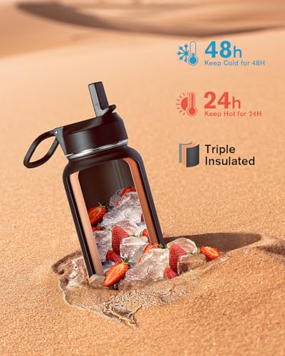 Image of Coolflask 32 oz Water Bottle Insulated with Straw & 3 Leakproof Lids