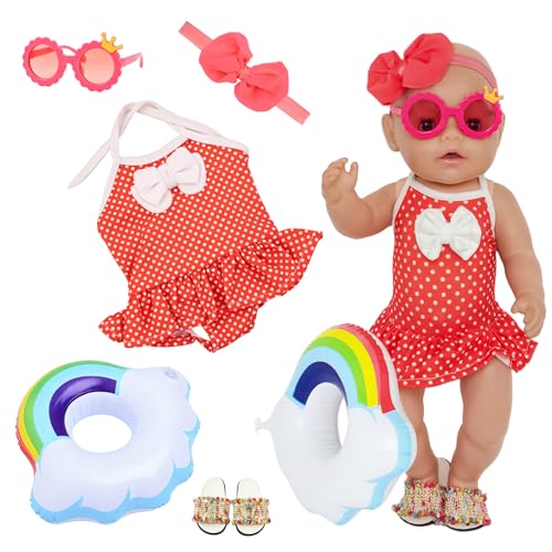 Ensemble de vêtements de poupée à pois pour poupée de 35 à 45 cm avec maillot de bain rouge, bandeau, lunettes de soleil, sandales, anneau de natation...