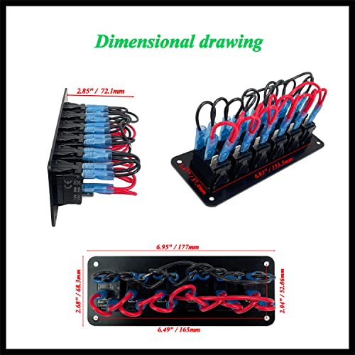 Image of 6 Gang UTV Rocker Switch Panel Pre-Wired Aluminum Green Led Marine Grade Boat Switch Panel for Truck Pontoon Camper ATV Console Waterproof 12V 24V IP66