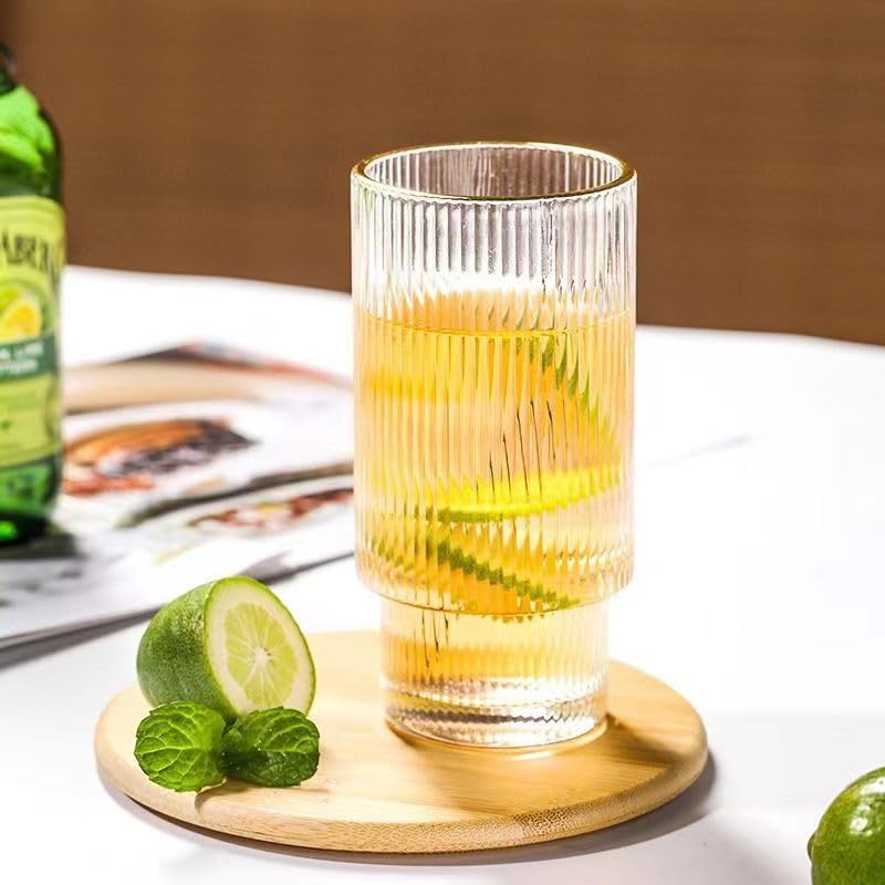 POPOPRO 16oz Ribbed Glass Cups with Straws and Bamboo Lids, Ribbed Glassware Set of 6??îRibbed Drinking Glasses??îIced Coffee Cups,Vintage Glassware, Whiskey Glasses, Coffee Bar Accessories