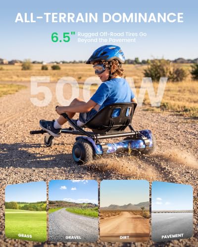 Image of Gyroor G13 Hoverboard with Seat Attachment 6.5 inch All-Terrain Go Kart | LED Lights, Bluetooth Speaker, UL2272 Certified, Adjustable Frame, 7.75 MPH Max Speed, Hoverboard for Kids and Adults