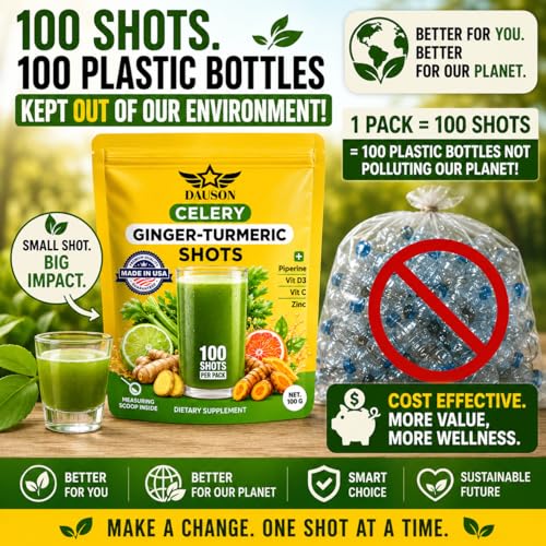 Image of Celery Shots Boosted with Ginger, Turmeric, Piperine & Prebiotics Shots | Wellness Herbal Supplement for Detox, Immunity Boost & Digestive Support | 100 Servings