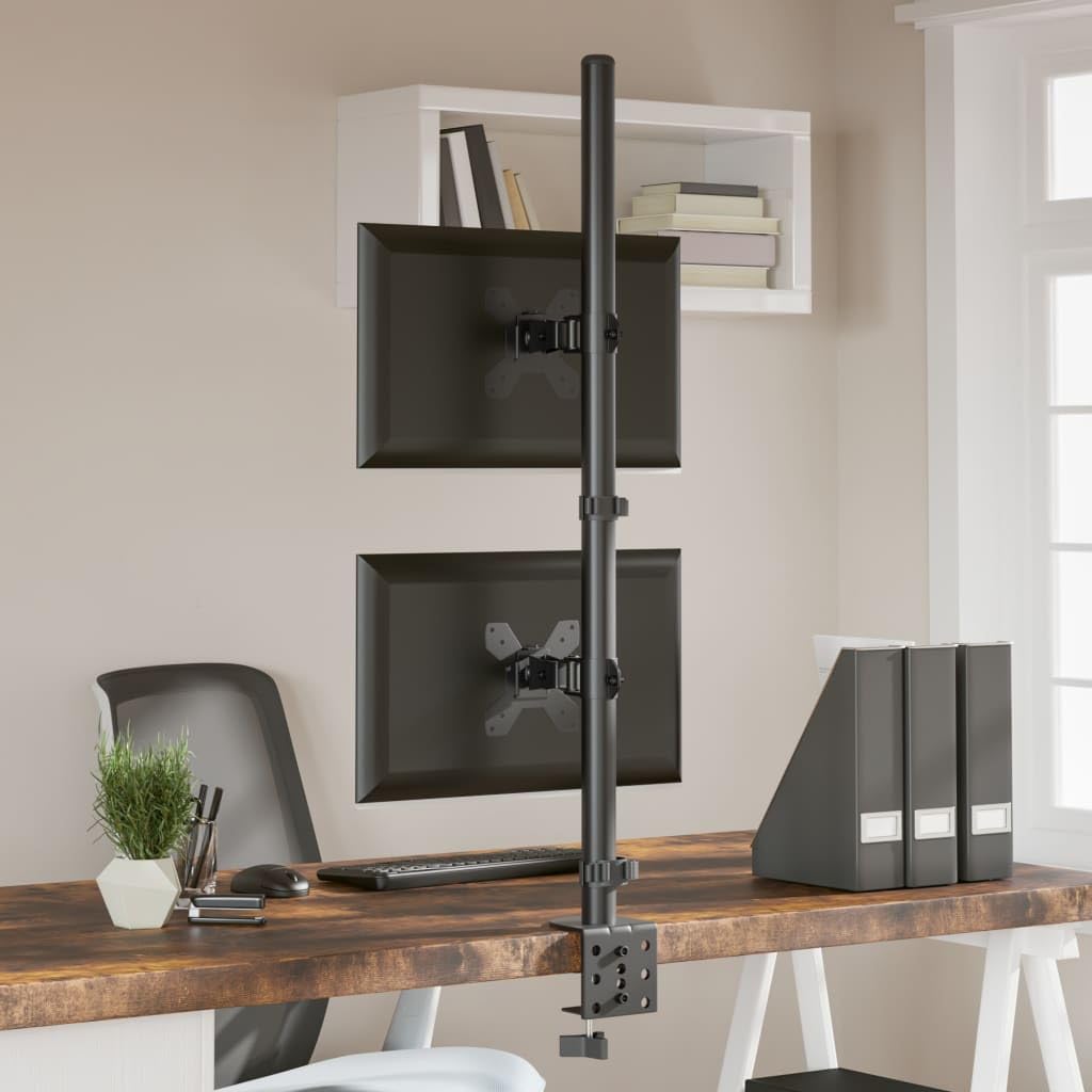 Supporto da tavolo per 2 monitor, in acciaio nero, VESA 75 100 mm, regolabile in altezza, orientabile, inclinabile, per ufficio, gaming, soggiorno, angolo di visione ottimale