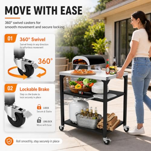 Image of Hisencn 3-Tier Pizza Oven Table, Stainless Steel Outdoor Grill Prep Cart