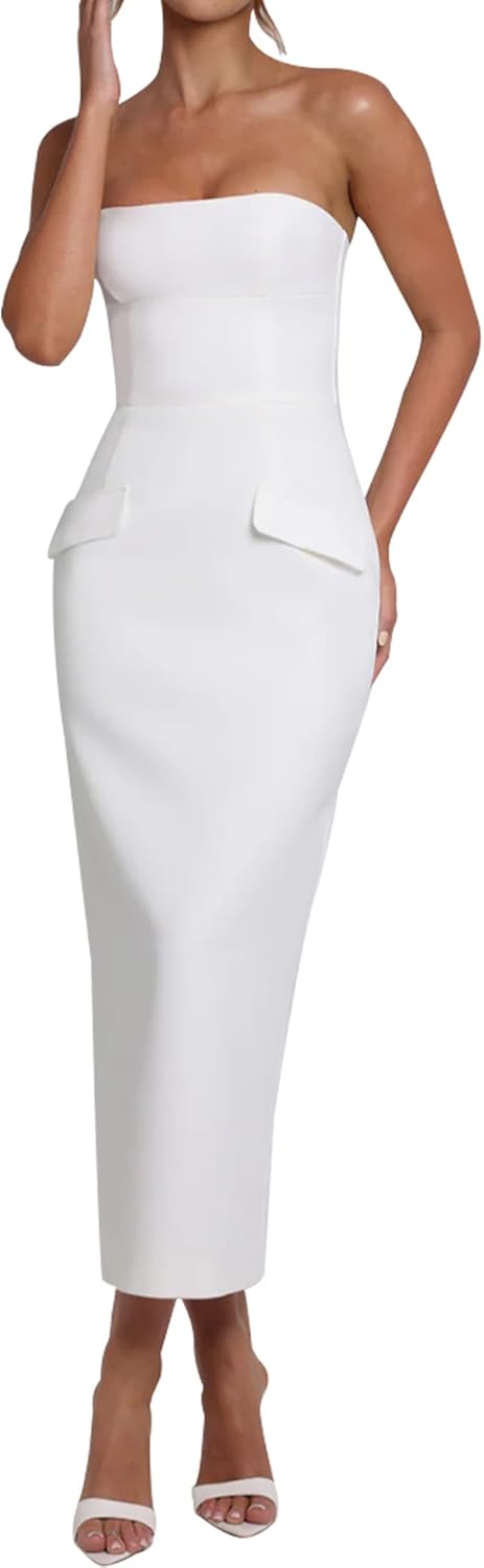 Azhong Women's Summer Strapless Sleeveless Tube Sexy Strapless Bodycon Midi Club Dress Back Slit Club Party Dresses - Image 2