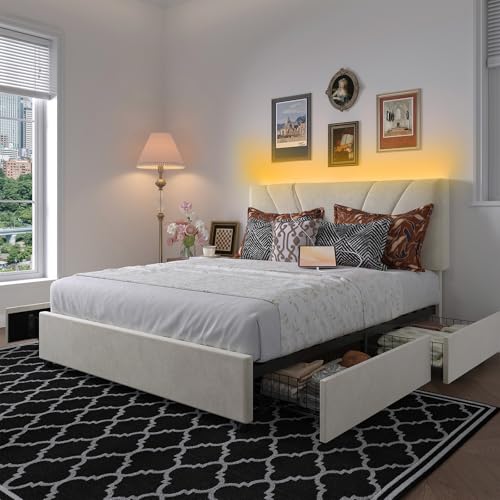 Image of Novilla Full Size Bed Frame with Drawers /Charging Station /LED Light, White