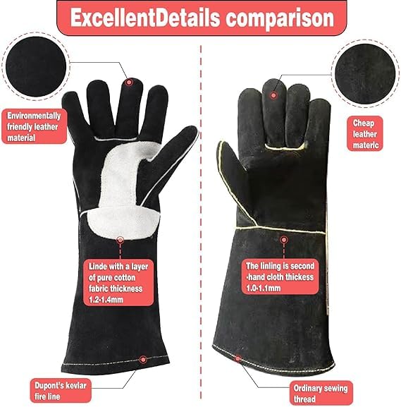 YESWELDER Guantes de Cuero para Soldadura MIG, Resistentes al Calor y al Fuego, Negros, también Perfectos para Parrilla/BBQ/Fogón de Leña/Horno/Cortando Fuego