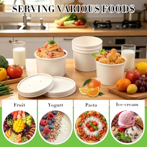 Image of 50 Pack 12oz White Soup Cups with Lids Disposable Paper Ice Cream Cups | Vented Paper Dessert Cups with Lids Hot Soup Cups Microwavable and Freezer Safe To Go Bowls with Lids for Hot, Soup Ice Cream