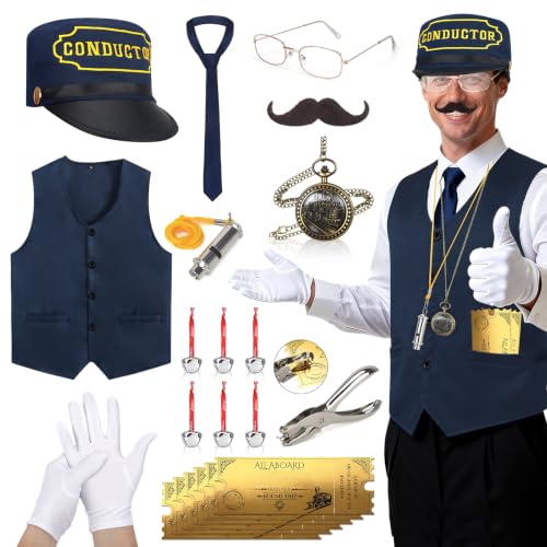 Beipegin 21 Pcs Train Conductor Costume Adult Conductor Hat Vest Whistle Bells Train Pocket Watch Christmas Holiday Sticker