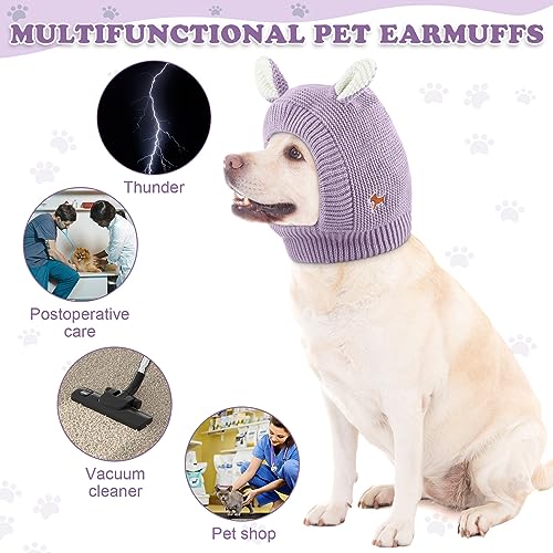 Image of Frienda Dog Ear Muffs Noise Protection, Neck 14.96 Inch Fits Medium Dogs, Knitted Calming Hood for Dogs, Fireworks Thunder Anxiety Relief, Fleece Inner Warm Beanie Hat(Light Purple)