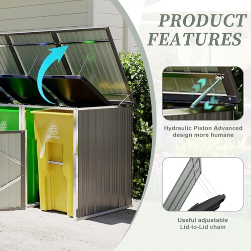 Image of KEIKI 3-Bin Outdoor Trash Can Storage Shed, 83 Cu.Ft Metal Garbage Bin Enclosure with Lift-Up Lid & Lockable Double Doors, Weather-Resistant Heavy-Duty Patio Garden Shed, Light Gray