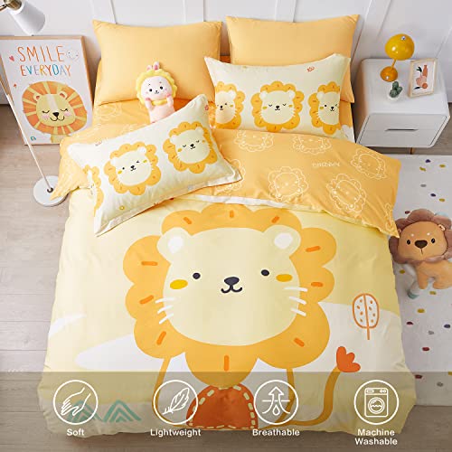 Saphreas Cartoon Lion Printed Kids Duvet Cover Set With Fitted Sheet Queen Size Yellow Animal Pattern Children Cotton 4 Pieces Bedding Duvet Cover Set 1 Comforter Cover 1 Sheet 2 Pillow Shams #TOP5