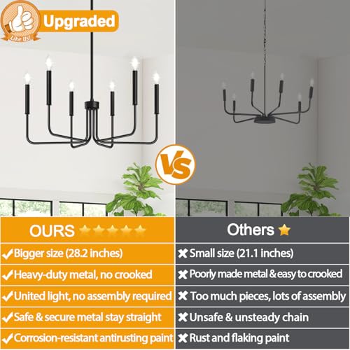 Black Chandelier, 6-Light Farmhouse Chandelier for Dining Room Lighting Fixtures Hanging, Industrial Modern Chandelier for Bedroom, Foyer, Hall, Kitchen, Living Room, Entryway (No Assembly Required) by Lynnoland - Image 2