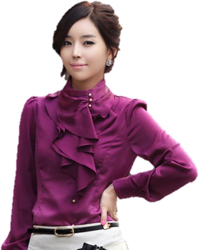 Amazon Sebles レディース シャツ ブラウス 長袖 レース フリル サテン 白 黒 紫 赤 青 6種類 秋冬 15 シャツ ブラウス 通販