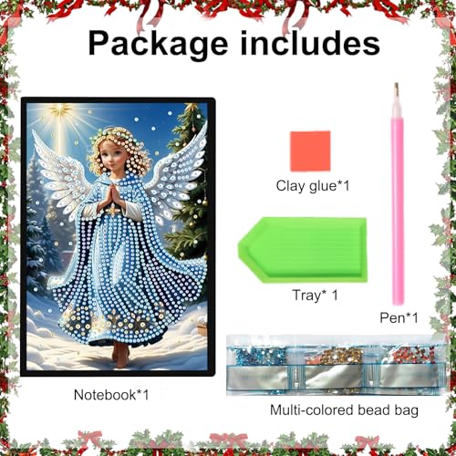 Image of 5D Diamond Painting Notebook Kits Christmas Journal Blue Angel Special Shaped Diamond Kits Leather Cover Dairy Plain Sketchbook Crystal Gems Art Christmas Dairy Book for Office Study Writing 21x14.5CM