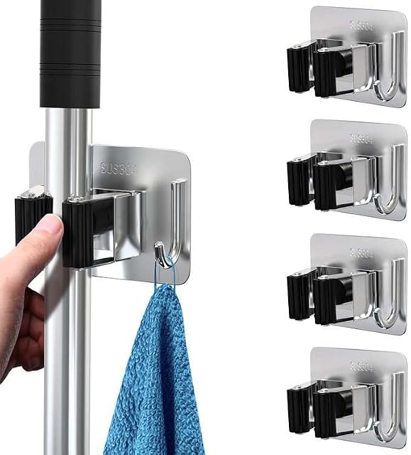 HOMEASY Mop Broom Holder, 4 Pcs Stainless Steel Self Adhesive Mop Holder Wall Mounted with Hooks Hanger Self-Adhesive Broom Holder (Siver Mix)