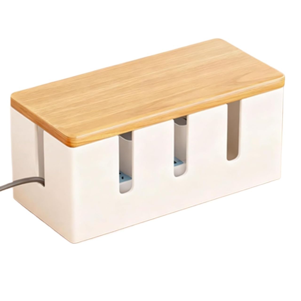 Kabelmanagementbox, Steckdosenleiste, Kabelmanagementbox aus Metall und Holz, 30,5 x 14 x 14 cm, Mehrfarbig(White+Natural Wood Color)
