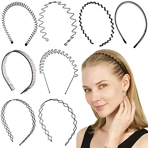 Folora 8pcs Unisex Black Spring Wavy Metal Hair Hoop Band Men Women Sports Headband Headwear Bandeau Accessories