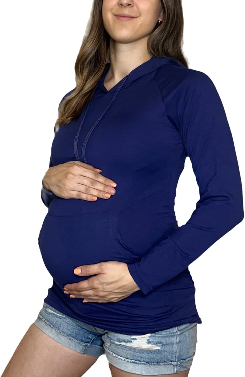 MISS POPULAR Womens Maternity Hoodie Ruched Side Long Sleeve Front Pocket Cozy Pregnancy Layering Sweatshirt