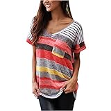  Jardin Rêvé T-Shirt Femme Eté Manches Courtes Rayures Multicolore Col-V Top Blouse (FR38)