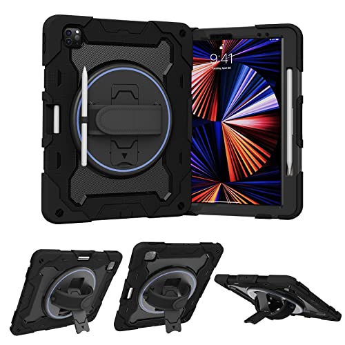 Étui pour enfants pour iPad Pro 12.9 coque antichoc noire avec dragonne rotative à 360°
