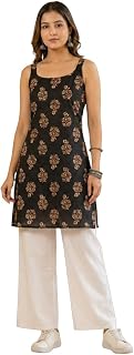 Jaipur Tales | Women’s Black Ethnic Printed Kurti | Sleeveless Straight Kurta | Soft 100% Cotton Daily Price In India