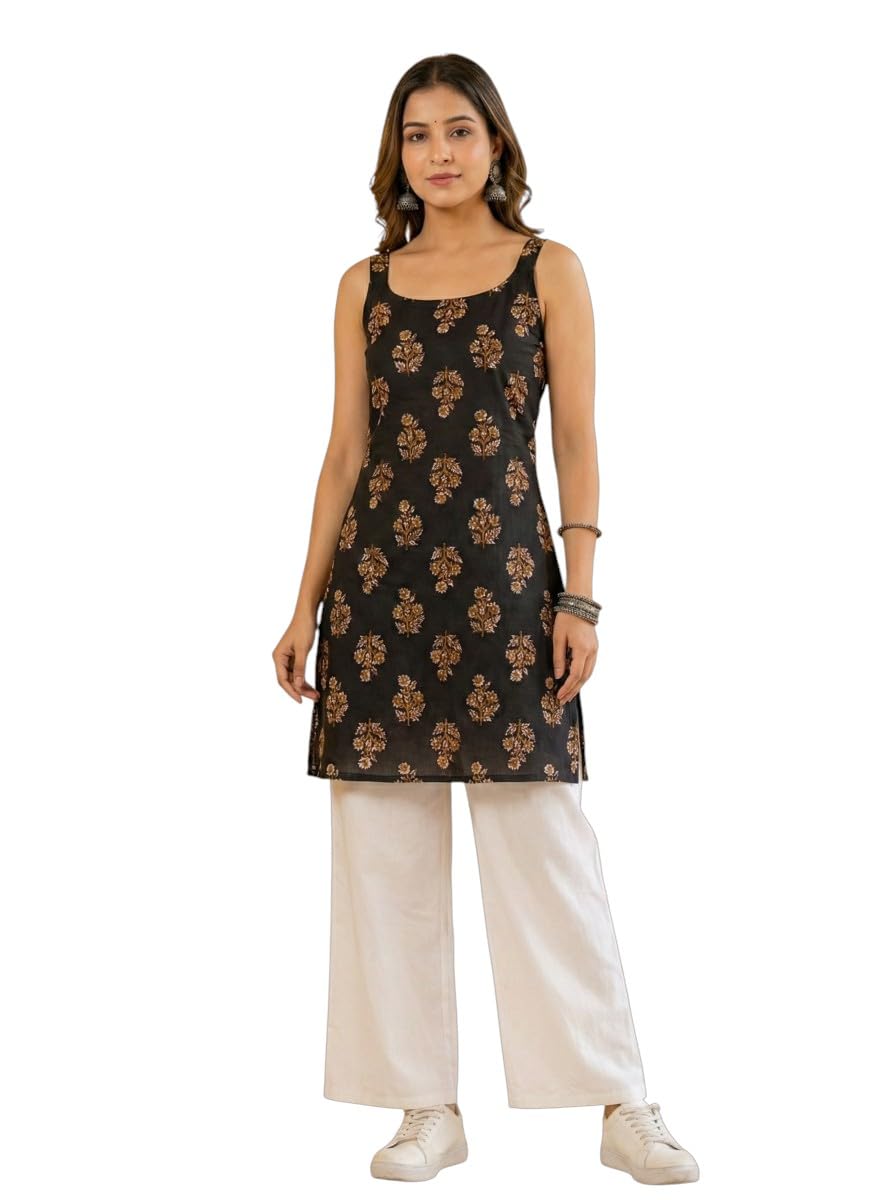 jaipur tales | Women’s Black Ethnic Printed Kurti | Sleeveless Straight Kurta | Soft 100% Cotton Daily-picture-10