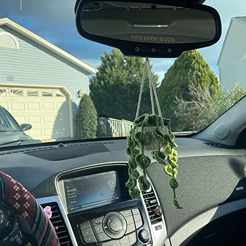 Cute Crochet Plant Car Mirror Hanging Accessories,Boho Handmade Rear View Mirror Accessories For Women,Green Car Interior Aesthetic Decor Truck Hanger Ornament Charm For Men #TOP5