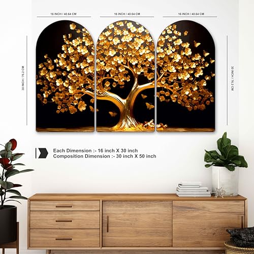 Image of Livin'luxe Golden Tree Arch Shape 3 Panel Wall Painting Set | Sparkle Laminated HD Print on MDF | Luxury Golden Tree Artwork for Living Room Bedroom Home Wall Decoration (30 x 50 Inch) RPNL-35360