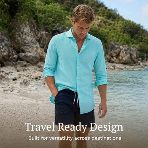 Image of SWIMS Santorini Men's Long Sleeve Linen Stretch Button Down Shirt | Lightweight breathable shirt for vacation, resort wear, travel and beach